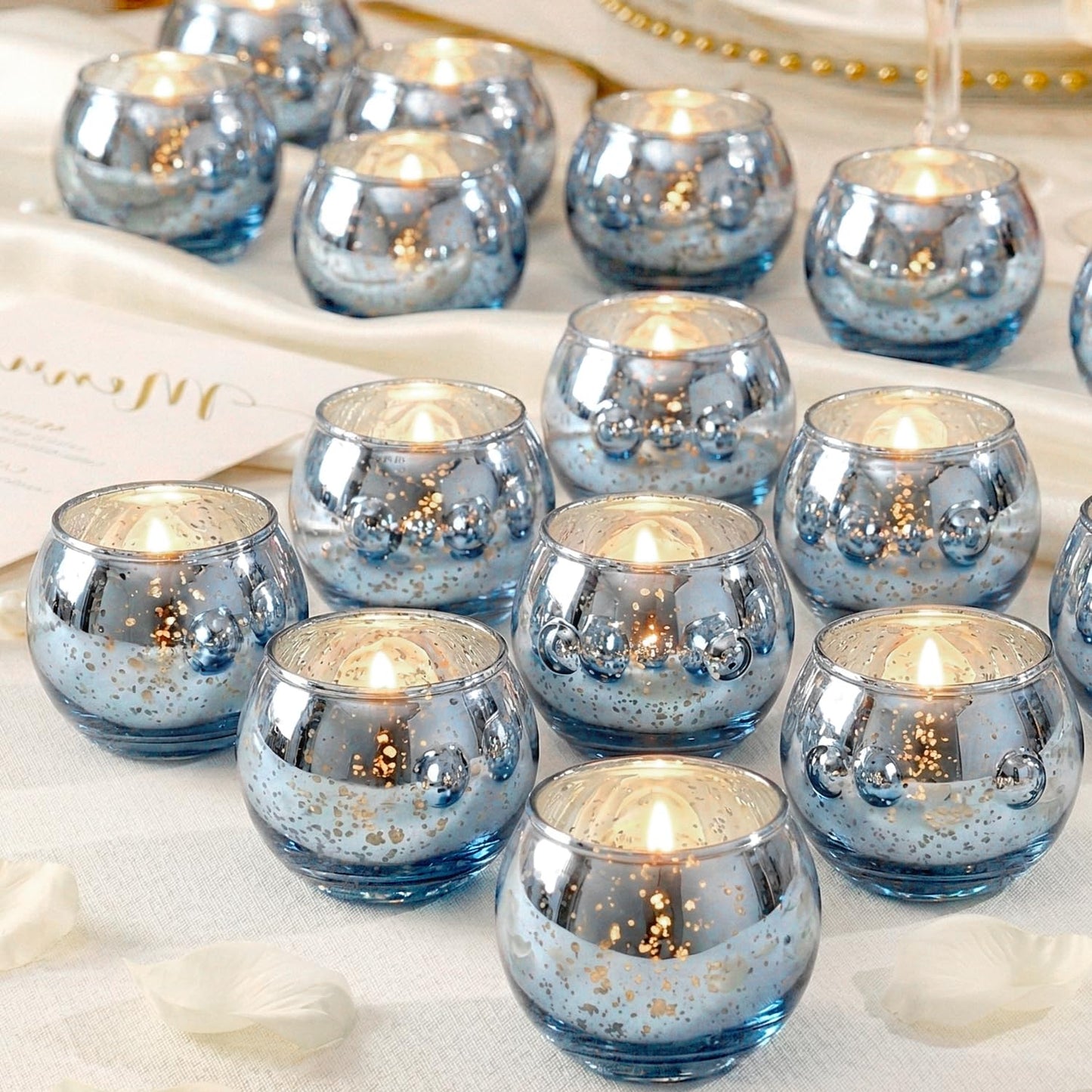 LAMORGIFT 24 Pcs Blue Votive Candle Holders- Blue Centerpieces for Tables, Round Mercury Glass Candle Holder for Wedding Decor, Bridal Shower Decorations