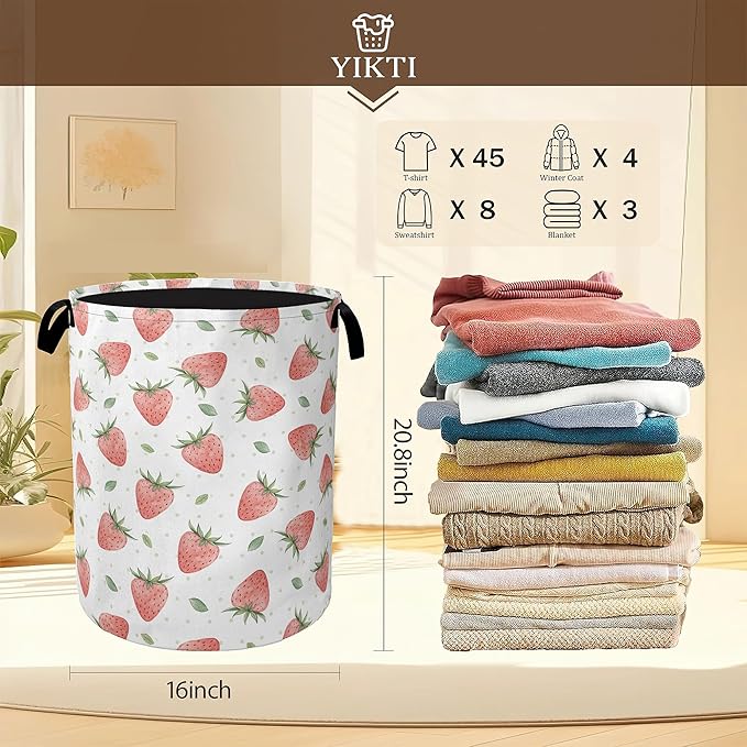 Watercolor Pink Strawberry Laundry Hamper, Waterproof Oxford Cloth Laundry Room