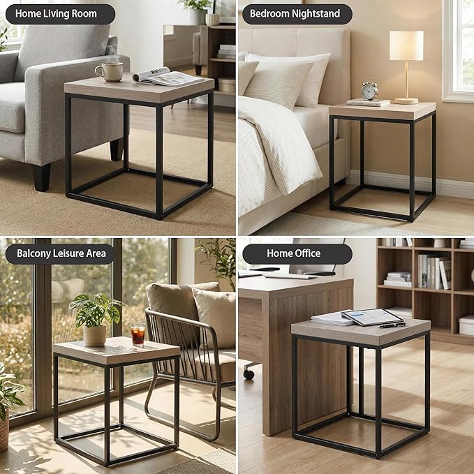 CENSI Modern Square End Table, Extra Thick 1.6" Wood Top & Metal Frame