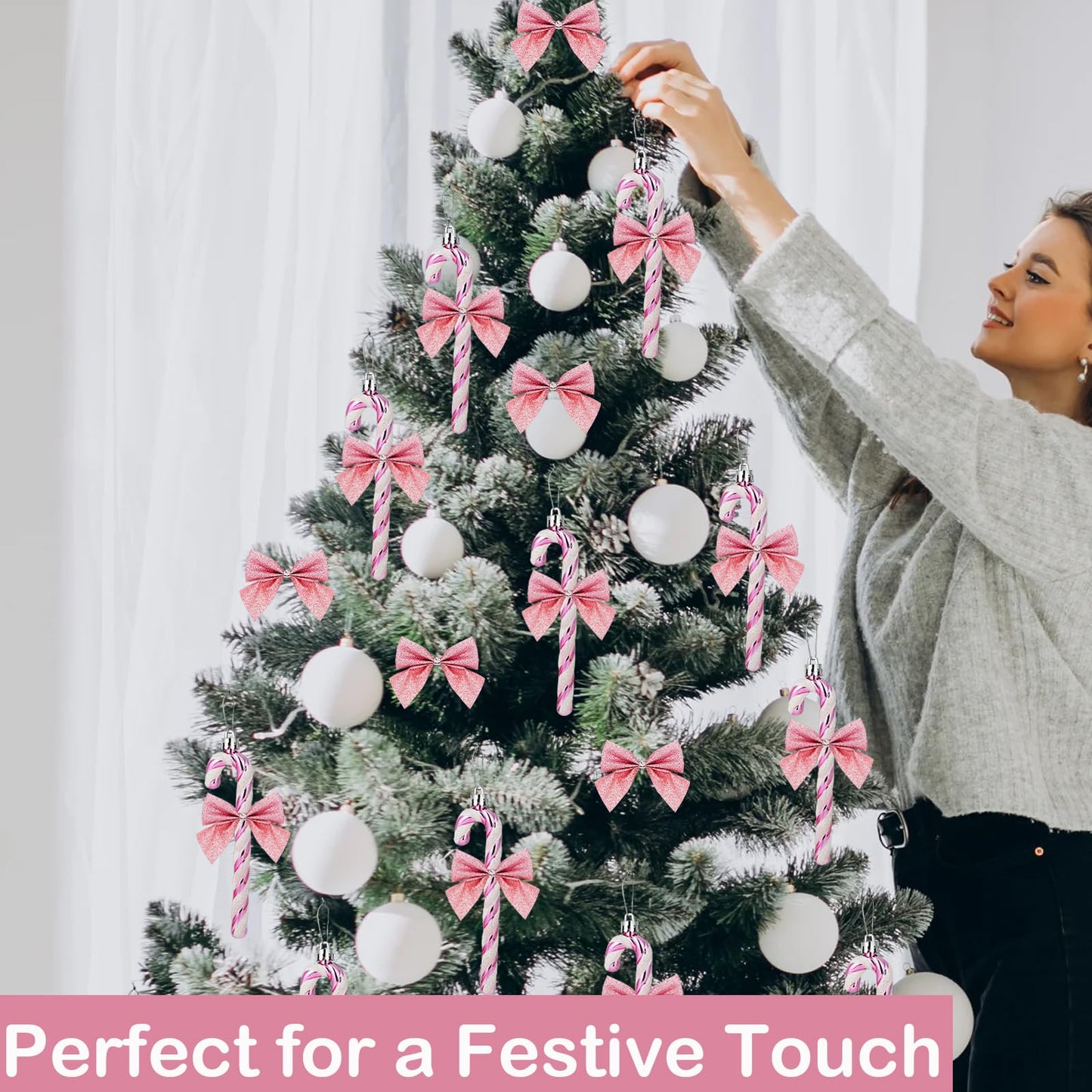 FYFLED Candy Cane Christmas Tree Decorations - 12 Pcs Candy Cane Ornaments for Tree, Glitter Candy Cane Bows for Xmas Tree Hanging Ornament Festival Party Home Decor, Pink