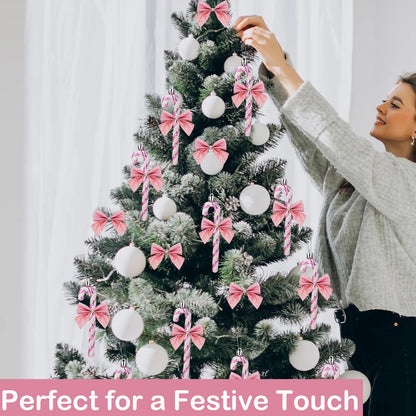FYFLED Candy Cane Christmas Tree Decorations - 12 Pcs Candy Cane Ornaments for Tree, Glitter Candy Cane Bows for Xmas Tree Hanging Ornament Festival Party Home Decor, Pink