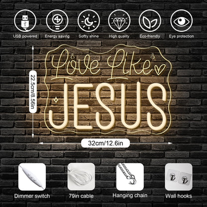 Horseneon Love Like JESUS Neon Sign - Scripture LED Wall Decor for Churches, Home Altars & Christian Gifts, USB-Powered Adjustable Brightness, Faith-Based Lighting