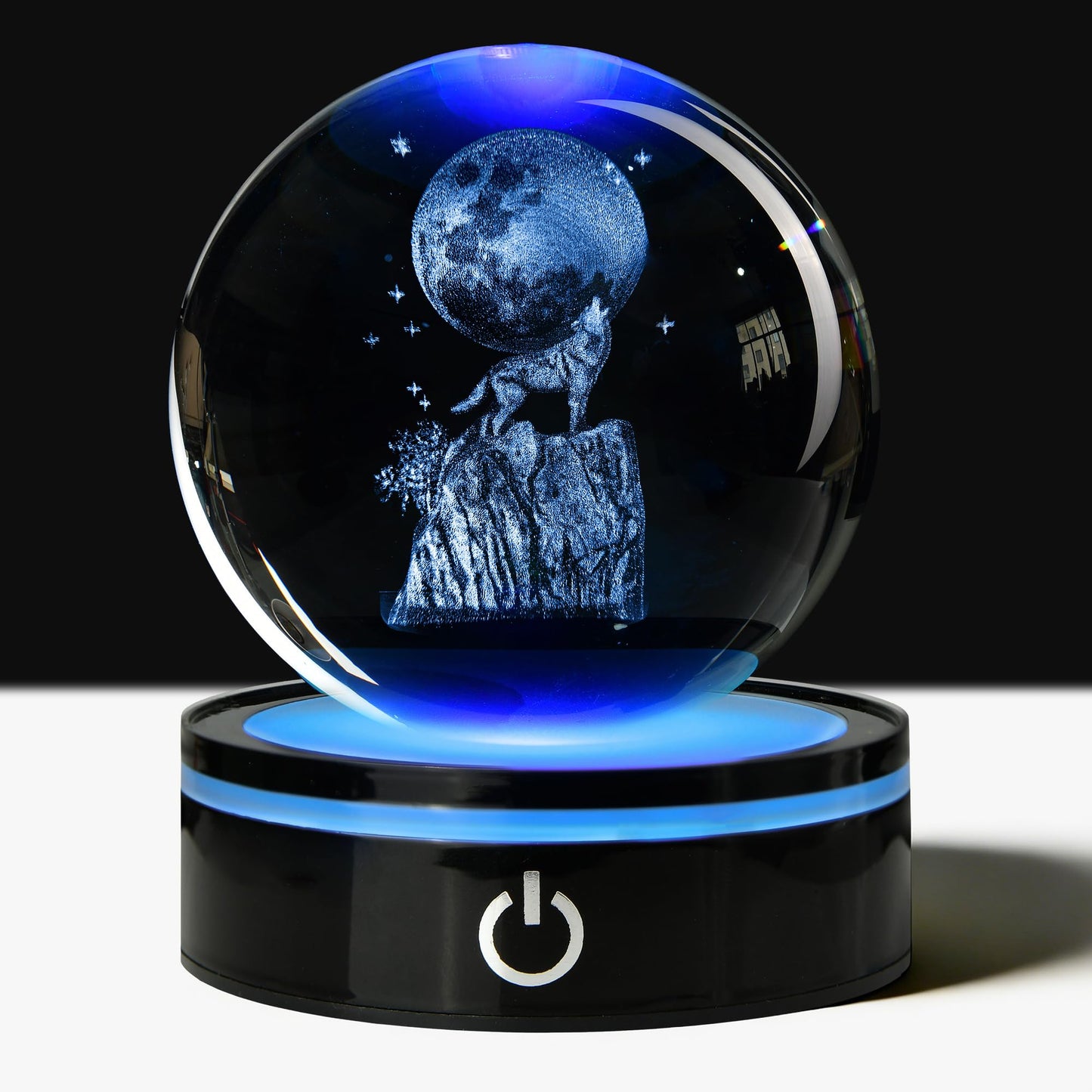 QIANCHANG Wolf Howling 3D Crystal Ball with LED Stand, 80mm Glass Sphere Night Light Lamp, Crystal Animal Figurines Collectibles, Wolf Lover Gifts for Men & Women