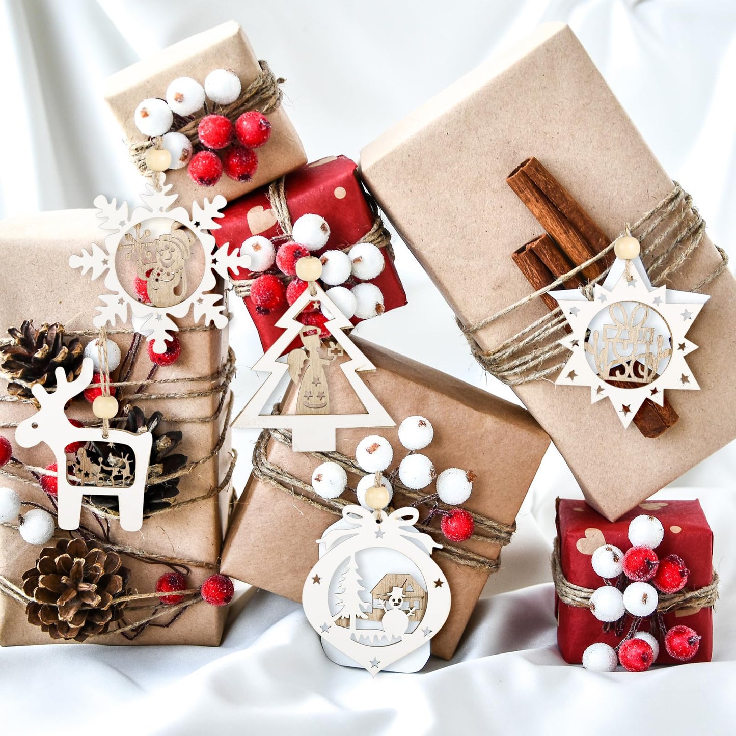 Thyle 24 Pcs Wooden Christmas Tree Ornaments Set 3D Rustic Farmhouse Hanging Christmas Tree Decorations for Winter Xmas Gift Party Office Holiday Decor