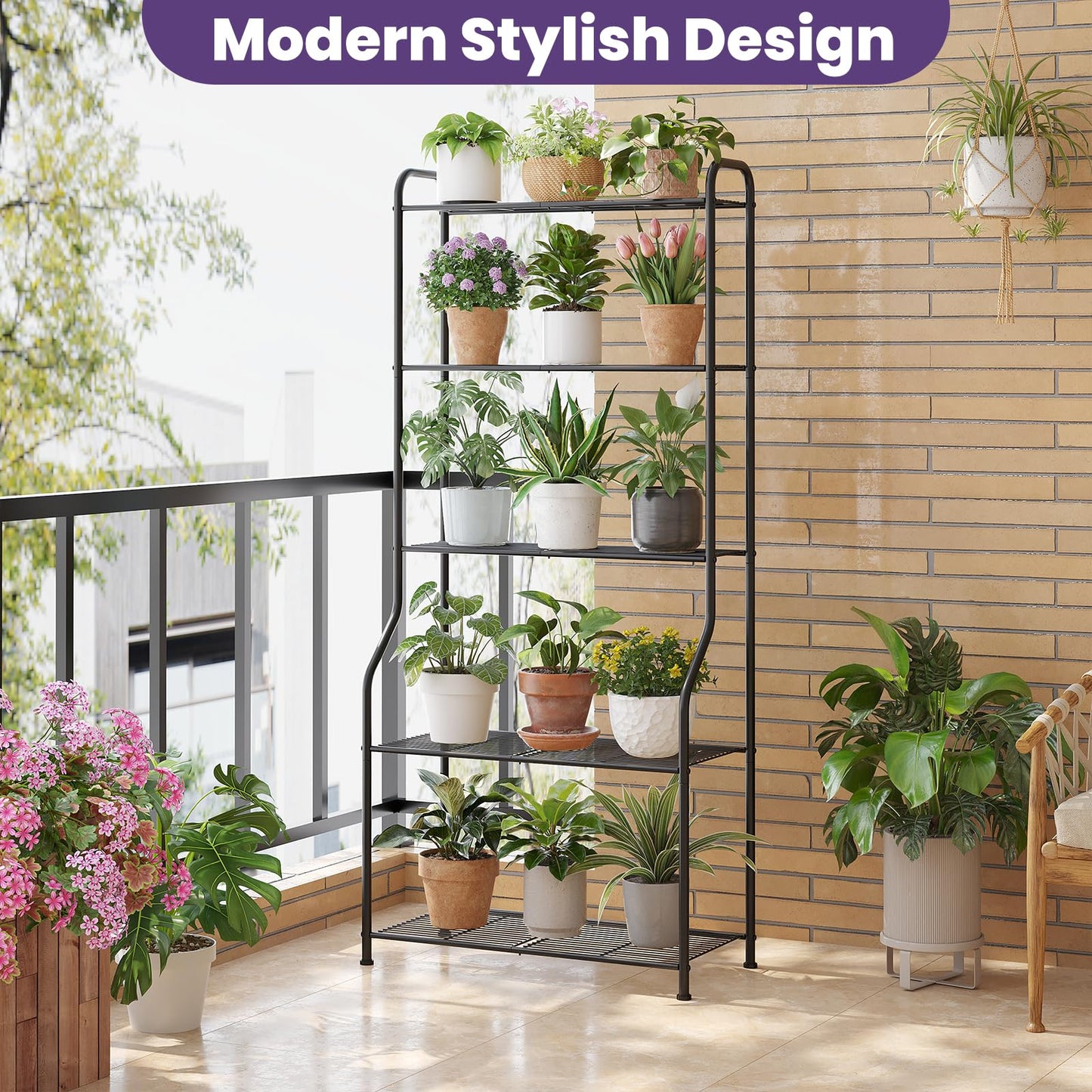 Wieghda 5-Tier Corner Plant Stand, Metal Black Flower Pot Rack, Indoor Outdoor Heavy Duty Shelf (Black, 5 Tier)