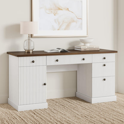 Garvee 60" Office Desk with Storage Cabinet & Drawers. Fluted Wood Computer Desk with Power Outlet & Adjustable Shelves.Modern Executive Desk for Home Office/Bedroom/Gaming-White