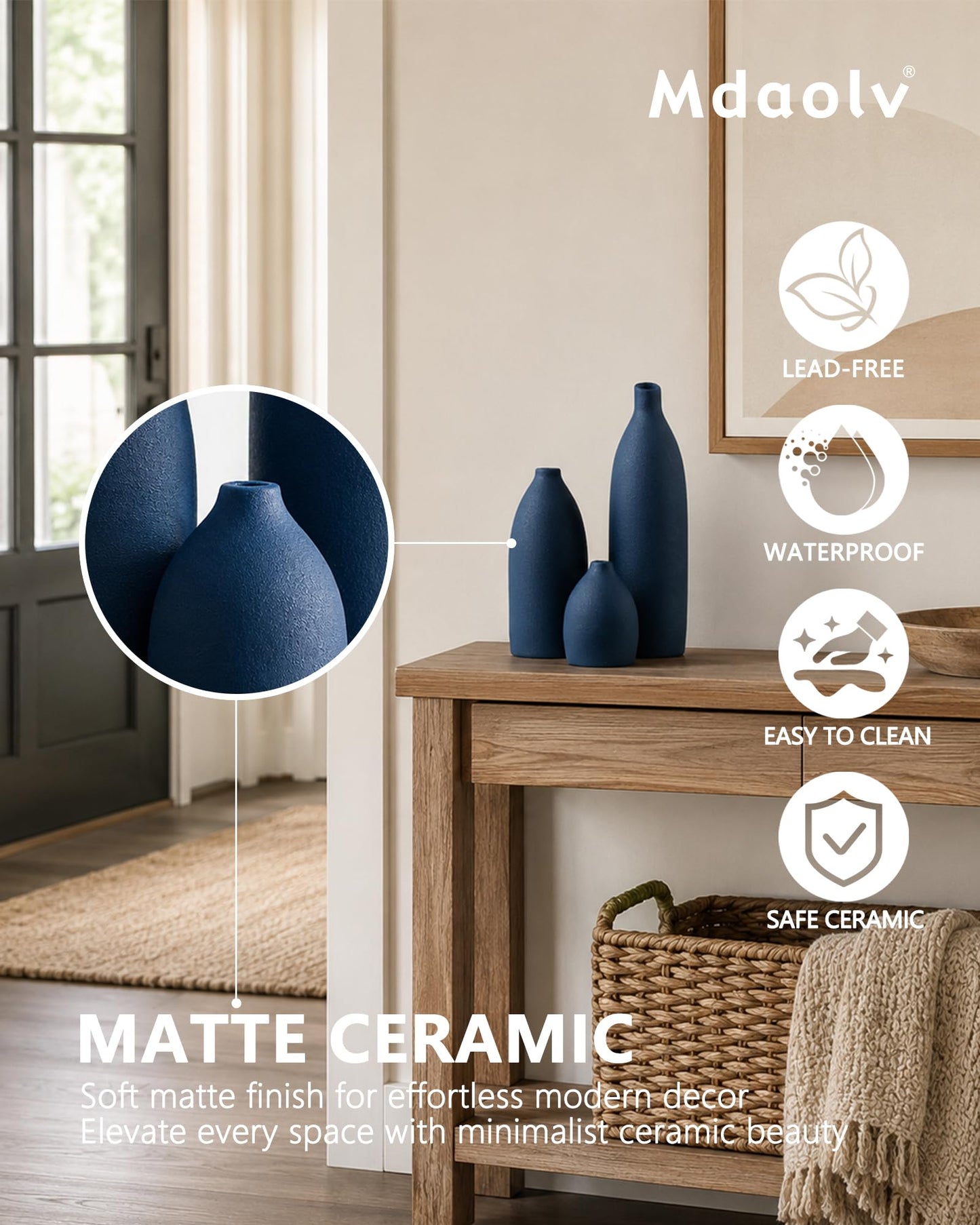 Mdaolv Matte Blue Vase Set Navy Blue Decor Coastal Decor Vases for Kitchen Island Living Room Office Table Fireplace Mantle Decorations & Bathroom Shelf Decor Centerpiece Table Decorations Ceramic