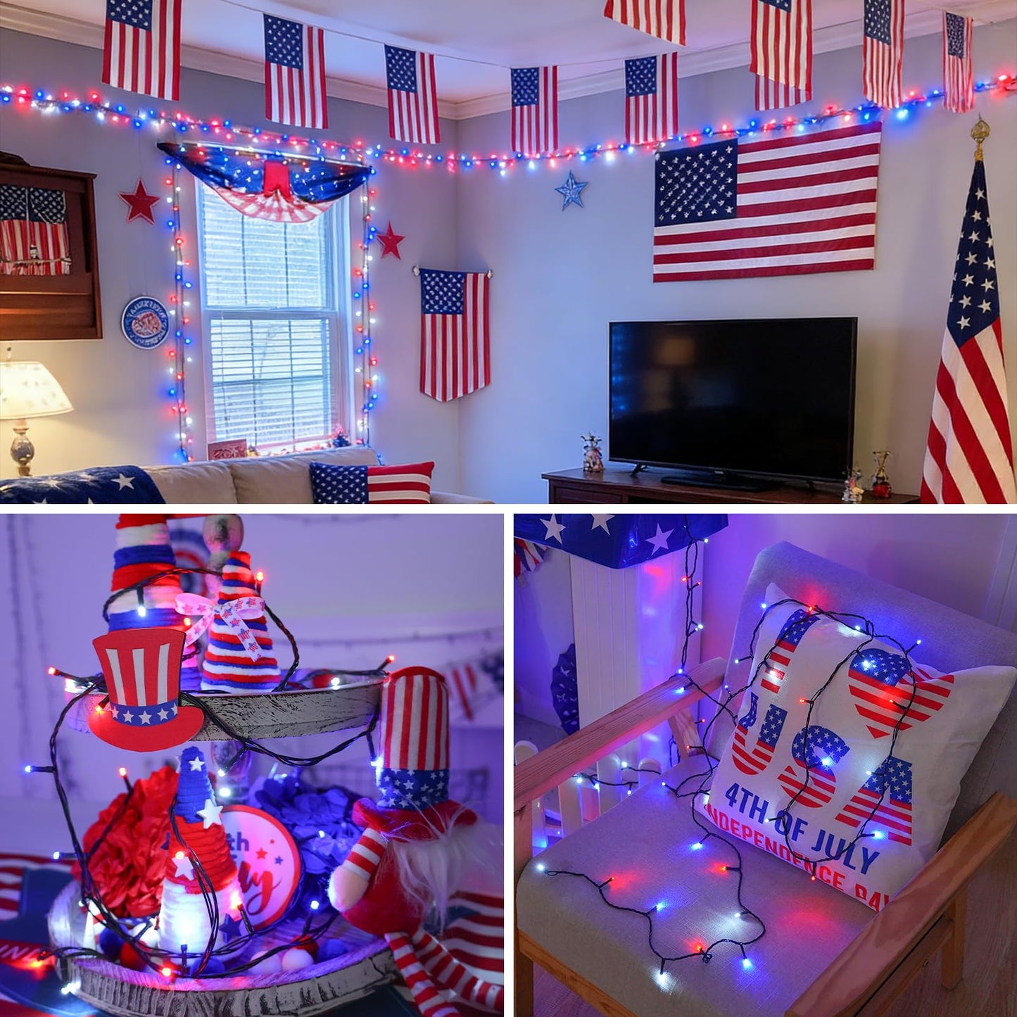QITONG 500 LED Red White and Blue String Lights, 165ft 4th of July Decorations Lights Plug in Outdoor Indoor, 8 Modes Patriotic Light Green Wire for Independence Memorial Day Décor