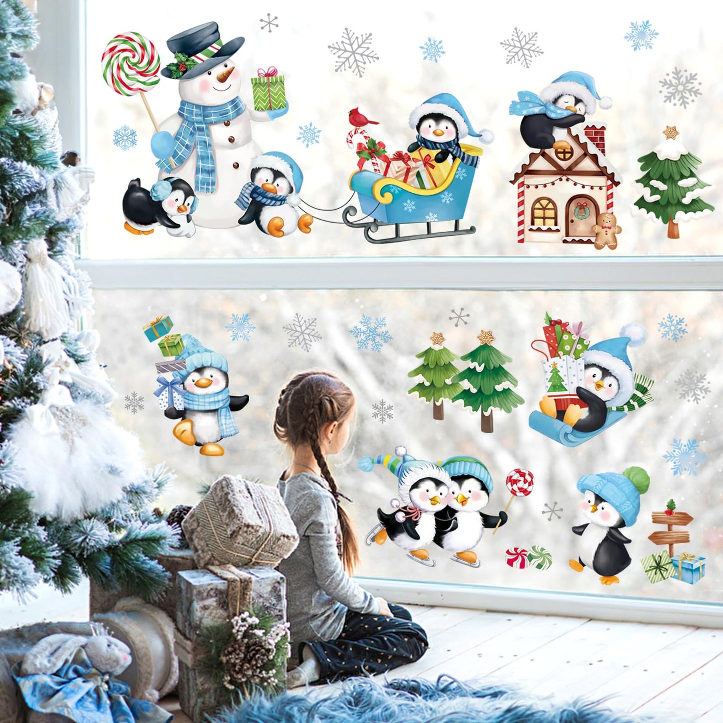 Wondever Penguins Christmas Wall Stickers - Snowman, Pine Tree, Snowflakes, Window Art Decals for Xmas Party