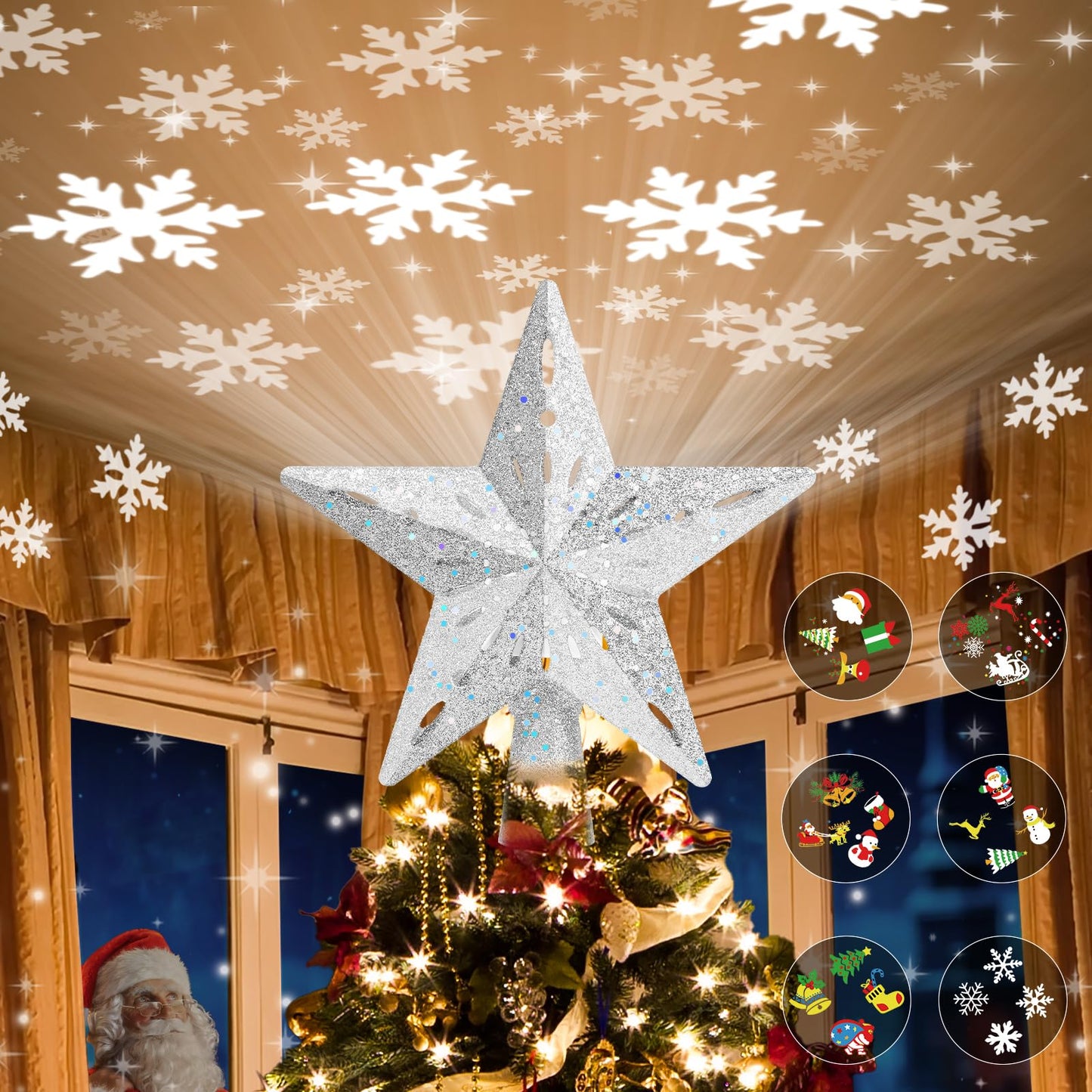 Christmas Tree Topper Lighted with 6 Projection Modes,Christmas Star Tree Topper Built-in LED Rotating Projector Lights 3D Sparkling Christmas Tree Decorations for Xmas Party Holiday Decor(Silver)