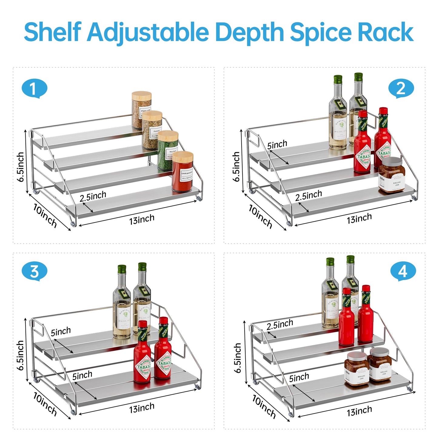 BOIVSHI Heavy Duty Spice Rack for Cabinet, Space Saving 4 Tier Spice Organization for Cabinet, Adjustable Depth Spice Shelf for Cabinet, Counter, Pantry - Chrome, 2 Pack