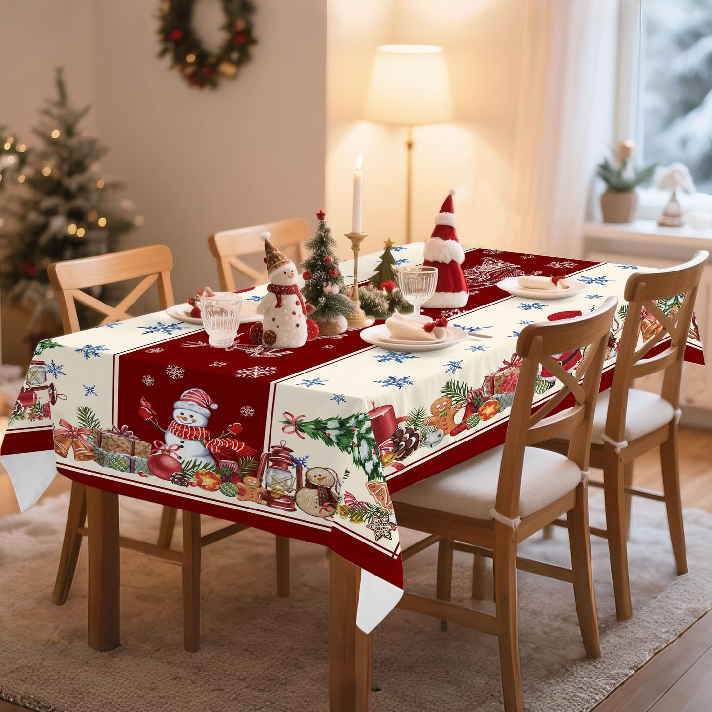Hexagram Christmas Tablecloths 52 x 70 Inch, Christmas Table Cloth, Oblong Snowman Tablecloth Winter Xmas Santa Tablecloths for Kitchen Dining Decor