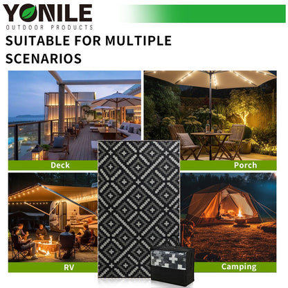 YONILE 9x12 ft Outdoor Rug Waterproof for Patio with LED Light,Large Outdoor Plastic Straw Rug,Reversible Plastic Area Rugs Mat Outside Carpet for RV, Deck, Porch, Picnic, Beach, Balcony