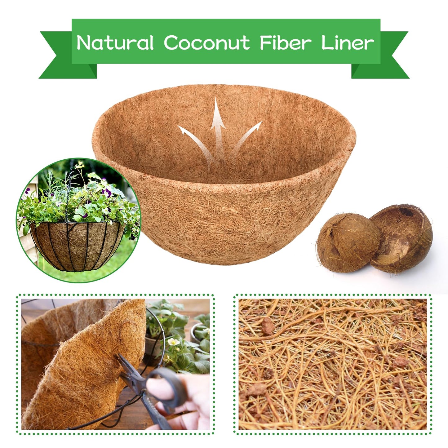 Riare 4 Pack 14 Inch Round Coco Liners Replacement, 100% Natural Coconut Coir Liners for Hanging Baskets, Garden Flower Vegetables Planter Pot, Window Box, Fence, Decks