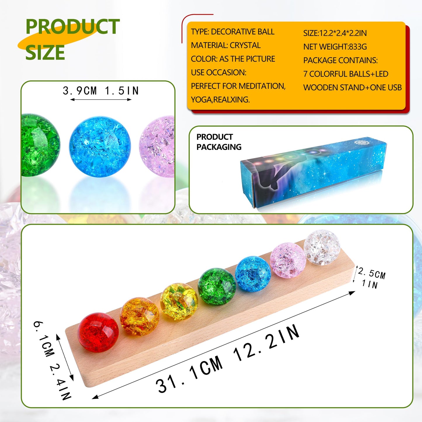 LOULIQIGIFT 60mm Colorful Ice Cracked Crystal Balls with Wooden Light Base and 7 Colors Ice Cracked Balls with LED Wooden Base 40mm Healing Sphere Balls Set