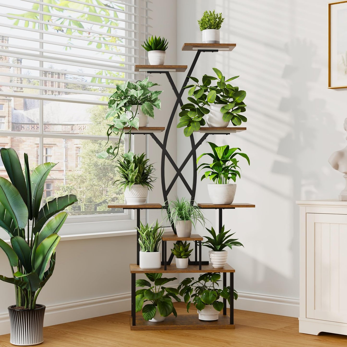 DongRong Plant Stand Indoor with Grow Lights - 9 Tiered 66" Tall Metal Plant Shelf, Curved Plant Stand with Adjustable Feets for Multiple Plants, Corner Flower Shelf for Living Room, Patio