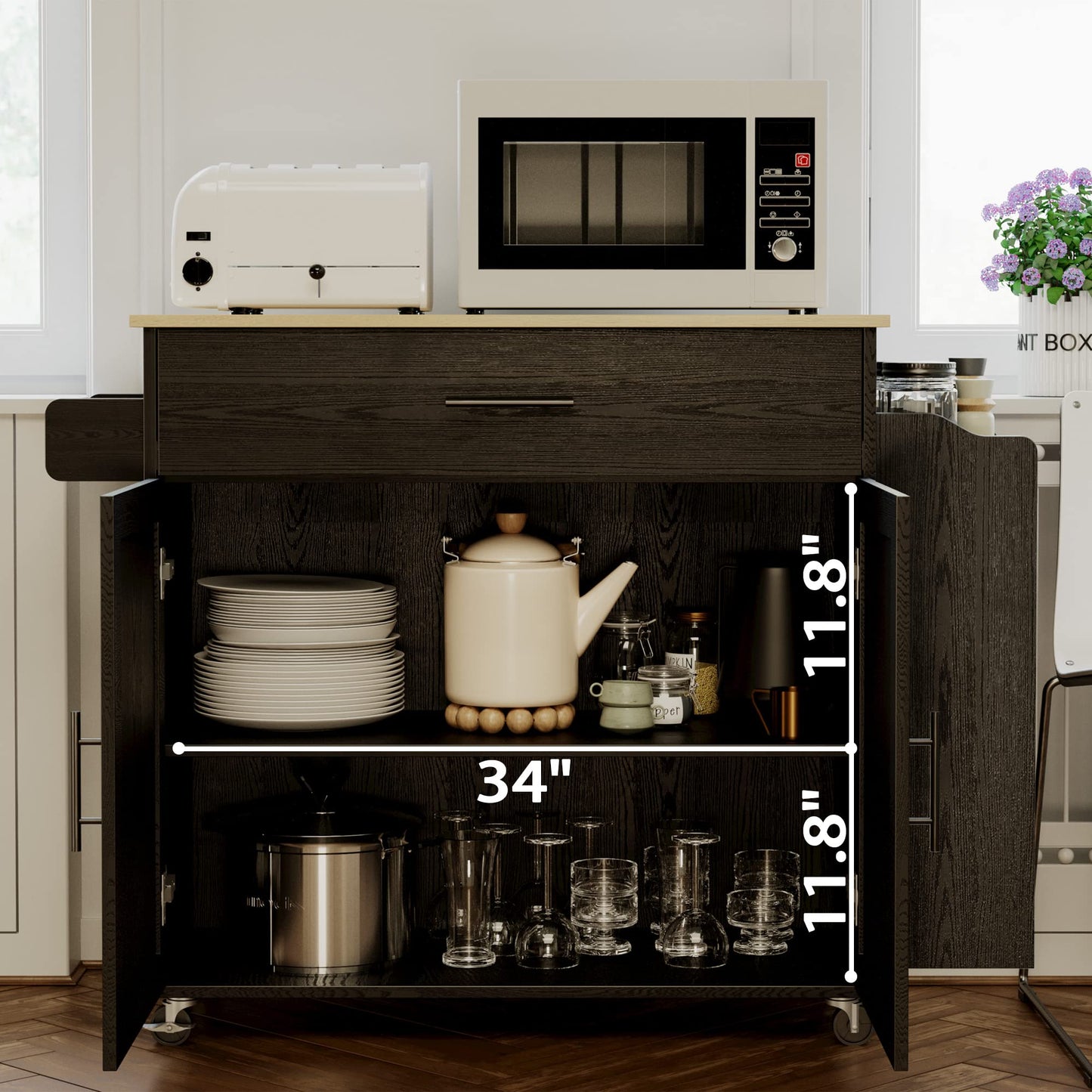 IRONCK Kitchen Island with Storage, Rolling Kitchen Island on Wheels with Drop Leaf, Charging Station, 3 Open Spice Rack, Cabinet, Drawer, Kitchen Cart Island Table for Kitchen, Black