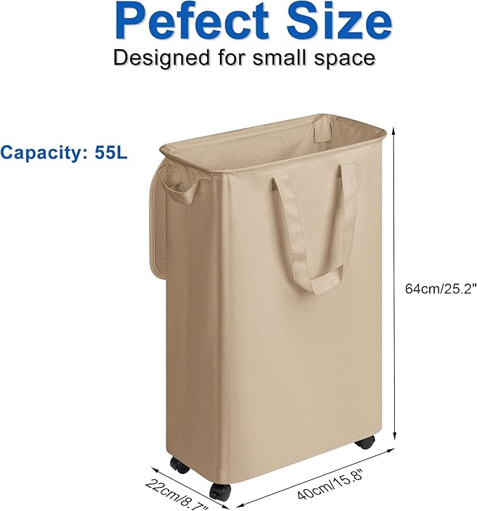 Slim Laundry Hamper with Lid and Wheels, Small Rolling Laundry Basket with