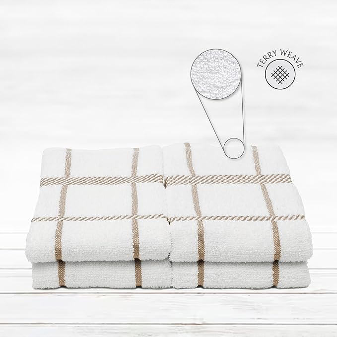 100% Cotton Terry Dish Towels, 4 Pack Checks, 16 x26 Inches, Super Soft and