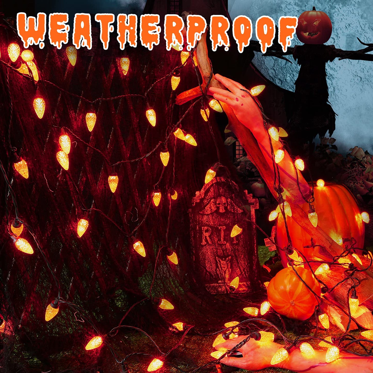 ODEETRONIC Orange Lights, 33ft 50 LED C9 Orange Christmas Lights Connectable, 120V UL Certified Plugin Indoor/Outdoor Halloween String Light, Black Wire Tree Light Waterproof for Patio Home Decor