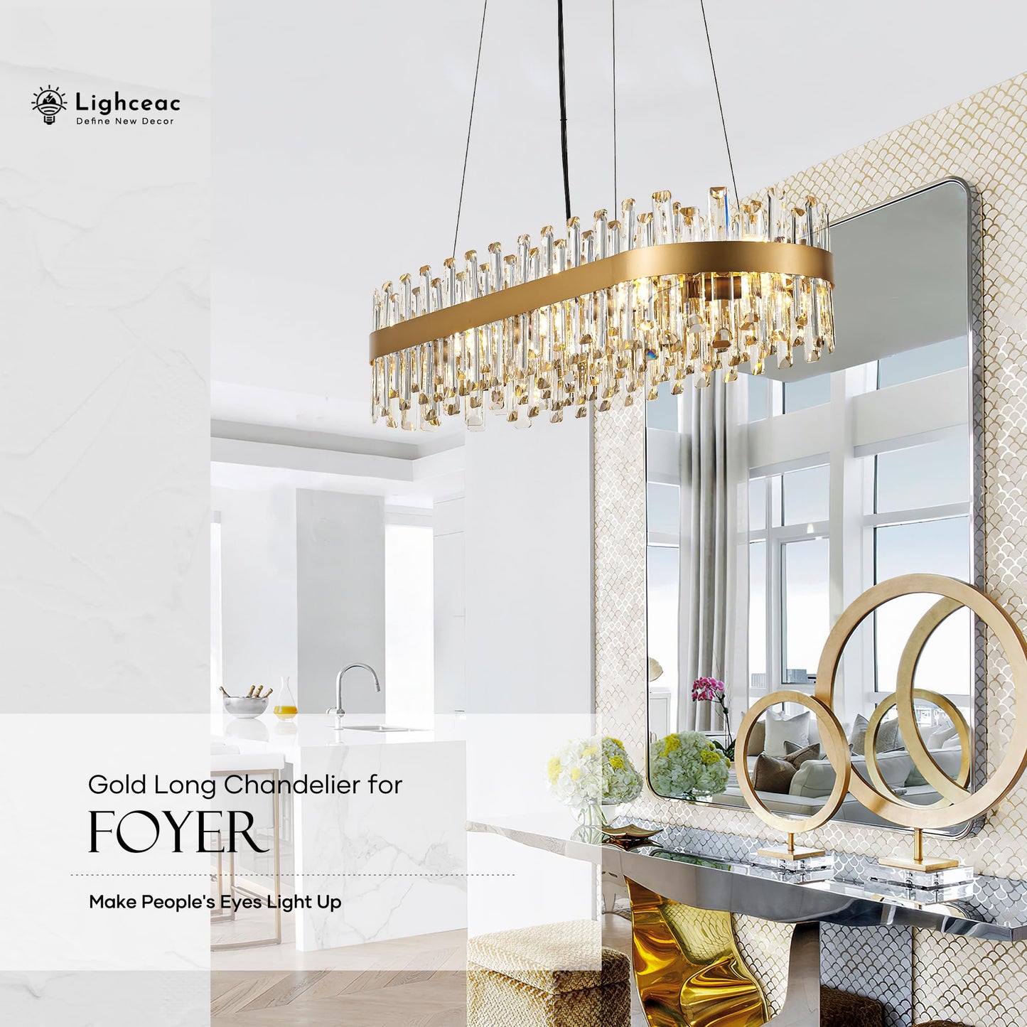 lighceac 39" Modern Gold Rectangle Crystal Chandelier Light Fixtures for Kitchen Island Luxury Linear Crystal Chandeliers for Dining Room 16-Light Long Hanging Pendant Lighting for Entryway Foyer Bar