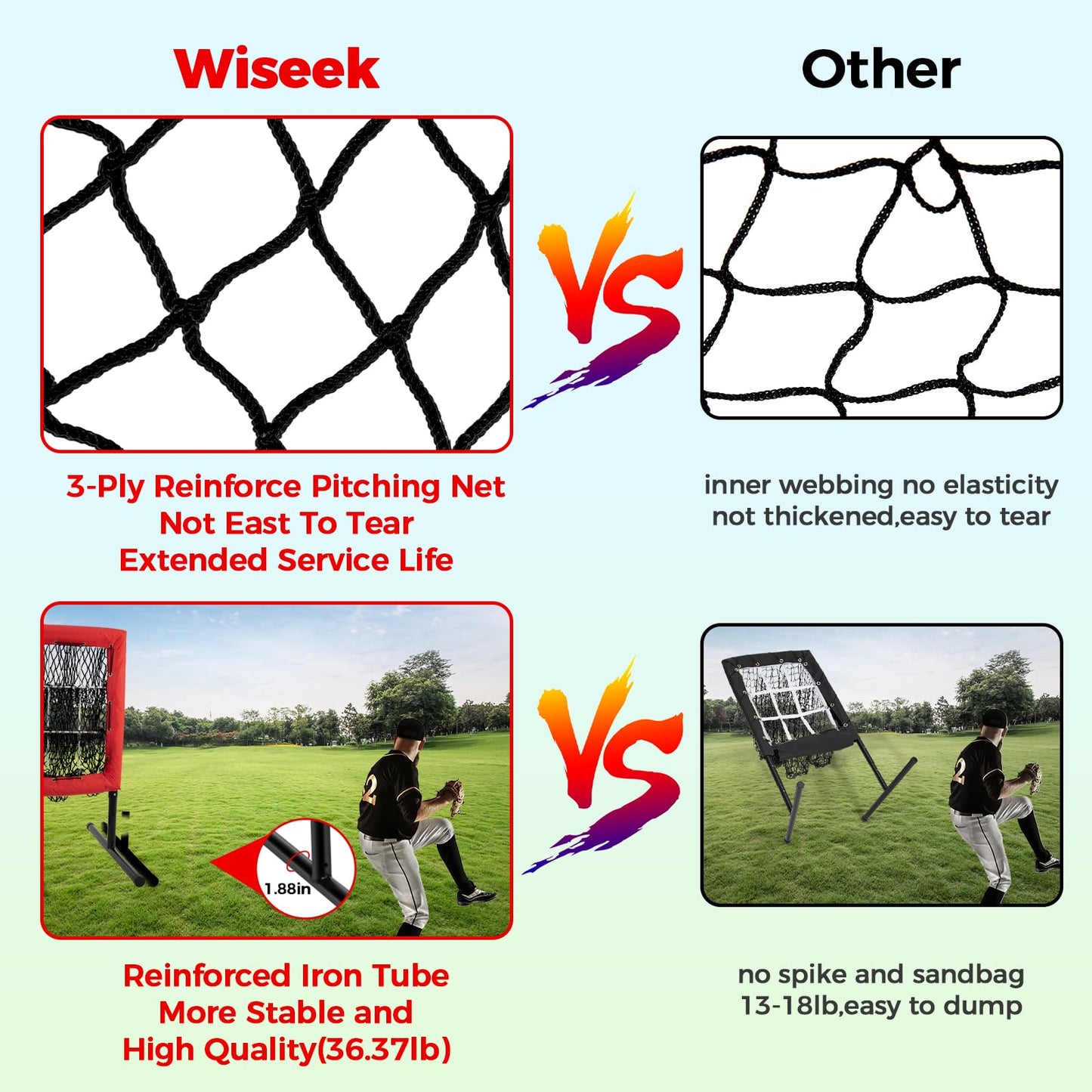Heavy Duty 9 Hole Pitching Net with Strike Zone,9 Pocket Pitching Target Net of 4 Adjustable Heights (36-53in),Softball Pitching Net Fix by 8xspikes and 2xsandbags, Pitching Target Net for All Age