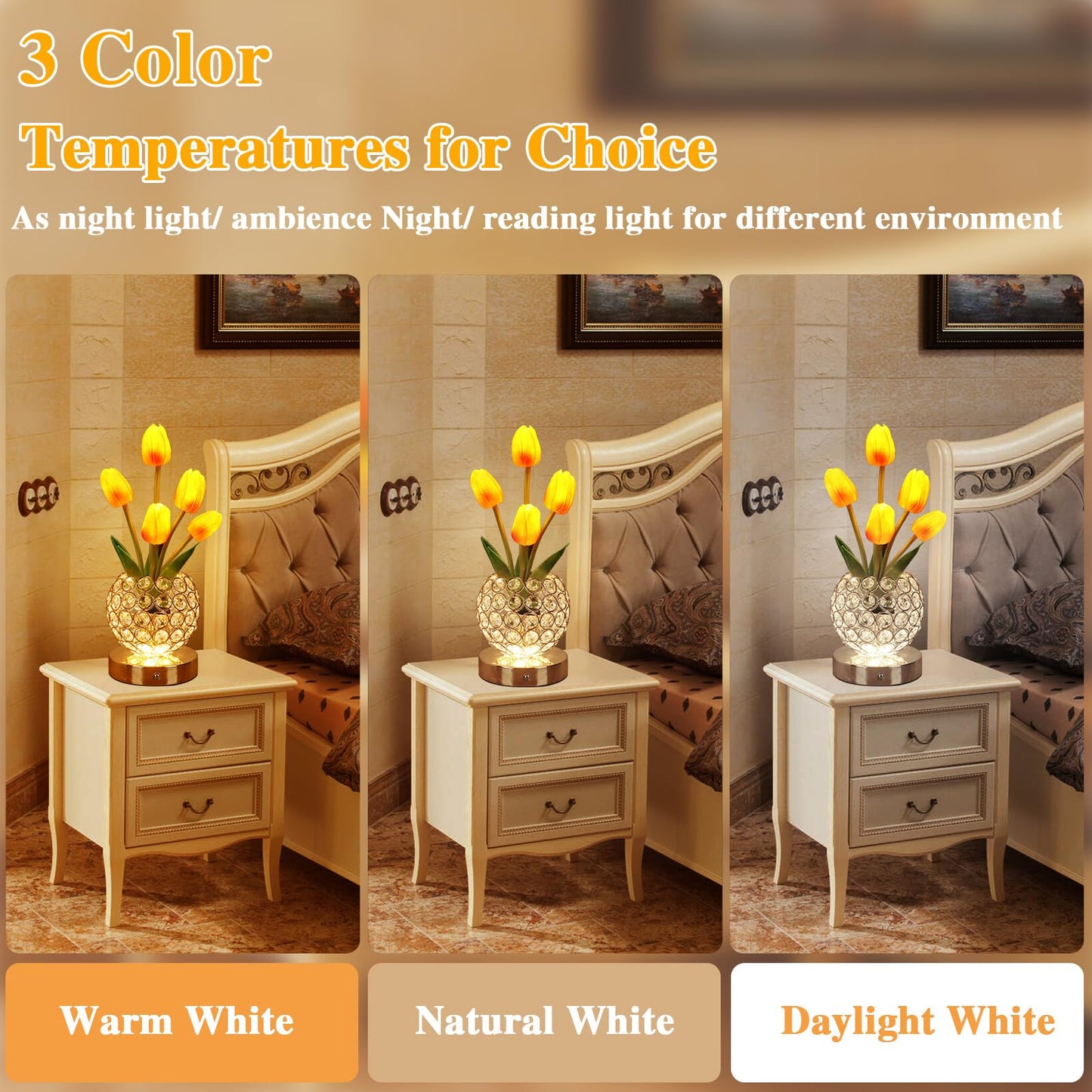 Birthday Gifts for Women Mothers Day Gifts For Mom Table Lamp, 3 Color Crystal Flower Bedside Lamps Infinitely Dimming with USB Charge Small Night Light,Nightstand Touch Lamp for Bedroom (gold-tulip)