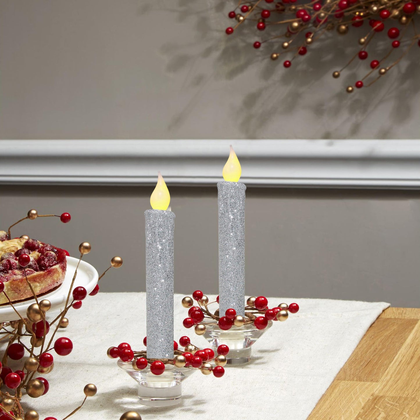CVHOMEDECO. Glitter Flameless Candles Flickering Battery Operated LED Taper Candles with Timer for Home, Wedding, Halloween, Christmas Decor. Glitter Silver, 6-3/4 Inch, Set of 2