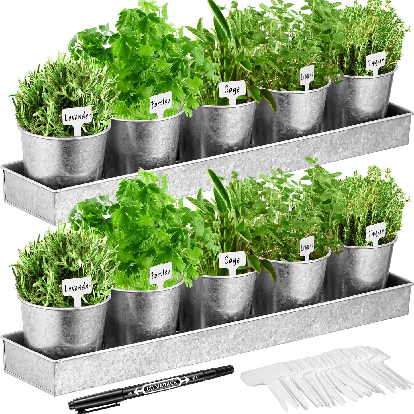 FoldTier 2 Sets Herb Garden Planter Indoor Kit with Trey 10 Pcs Metal Windowsill Plant Pots with Drainage Holes Indoor Herb Planter with Marker and Labels for Home Outdoor Plants(Silver)