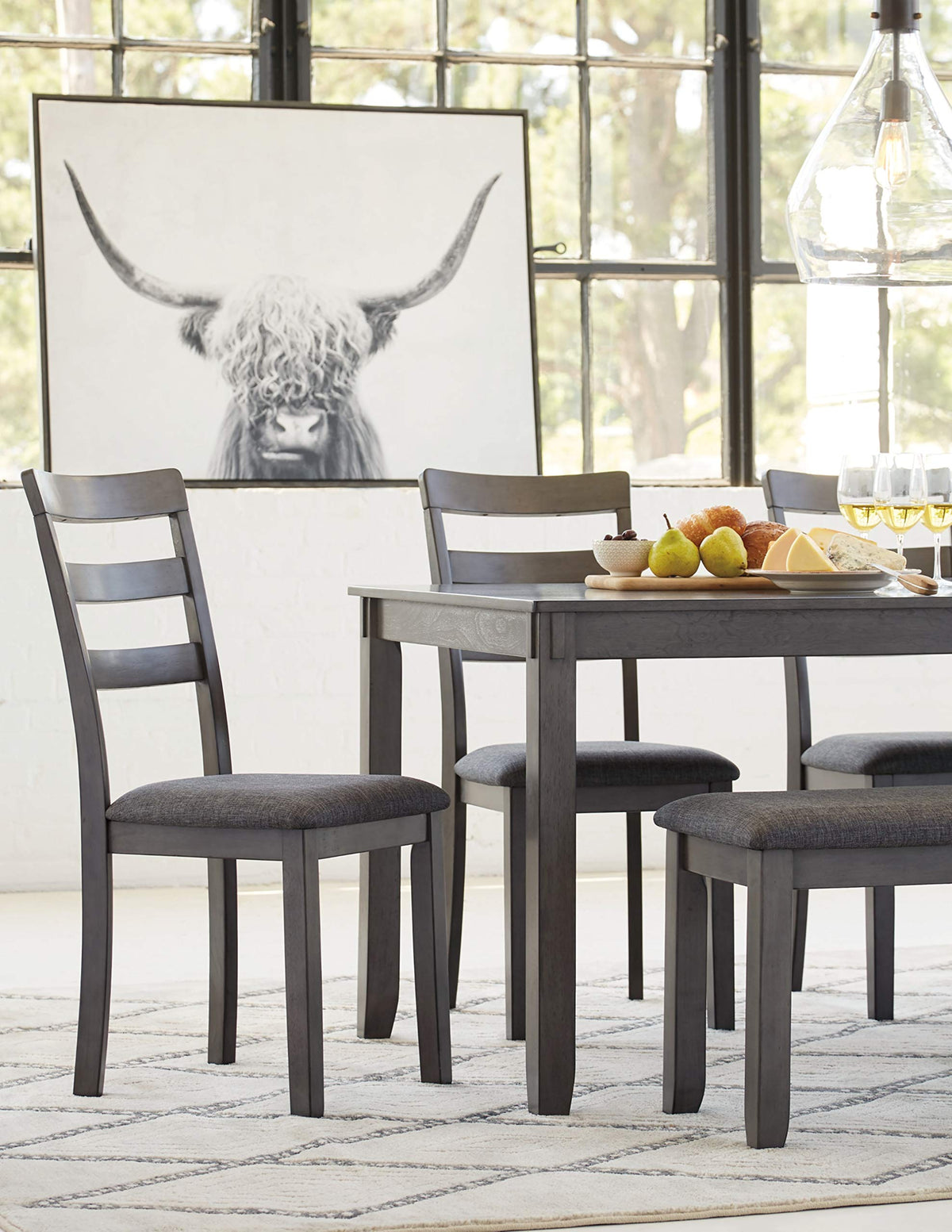 Signature Design by Ashley Bridson Dining Table Set For 6 With Bench, Wood 6‑Piece Kitchen Table And Chairs With Upholstered Seats, Transitional Charcoal Gray Dining Room Collection For Family Meals