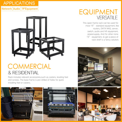 RIVECO 6U Open Frame Server Rack with Wheels- Heavy Duty 4 Post Quick Assembly 19-inch Support 600KG Equipment Home Network Cabinet Black