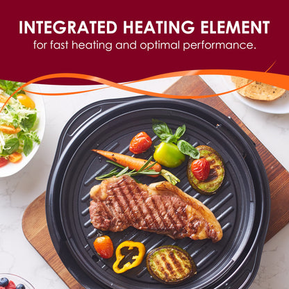 Elite Gourmet EMG-980B Smokeless Electric Tabletop Grill Nonstick, 6-Serving, Dishwasher Safe Removable Grilling Plate, Grill Indoor, Tempered Glass Lid, Adjustable Temperature, 14" Black