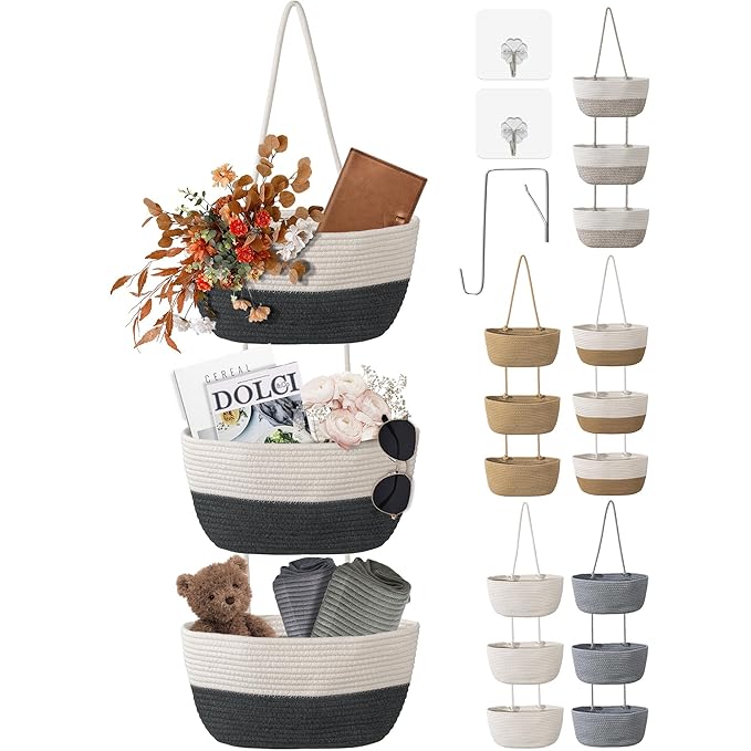 3 Tier Wall Mounted Woven Hanging Basket, Over the Door Hanging Basket