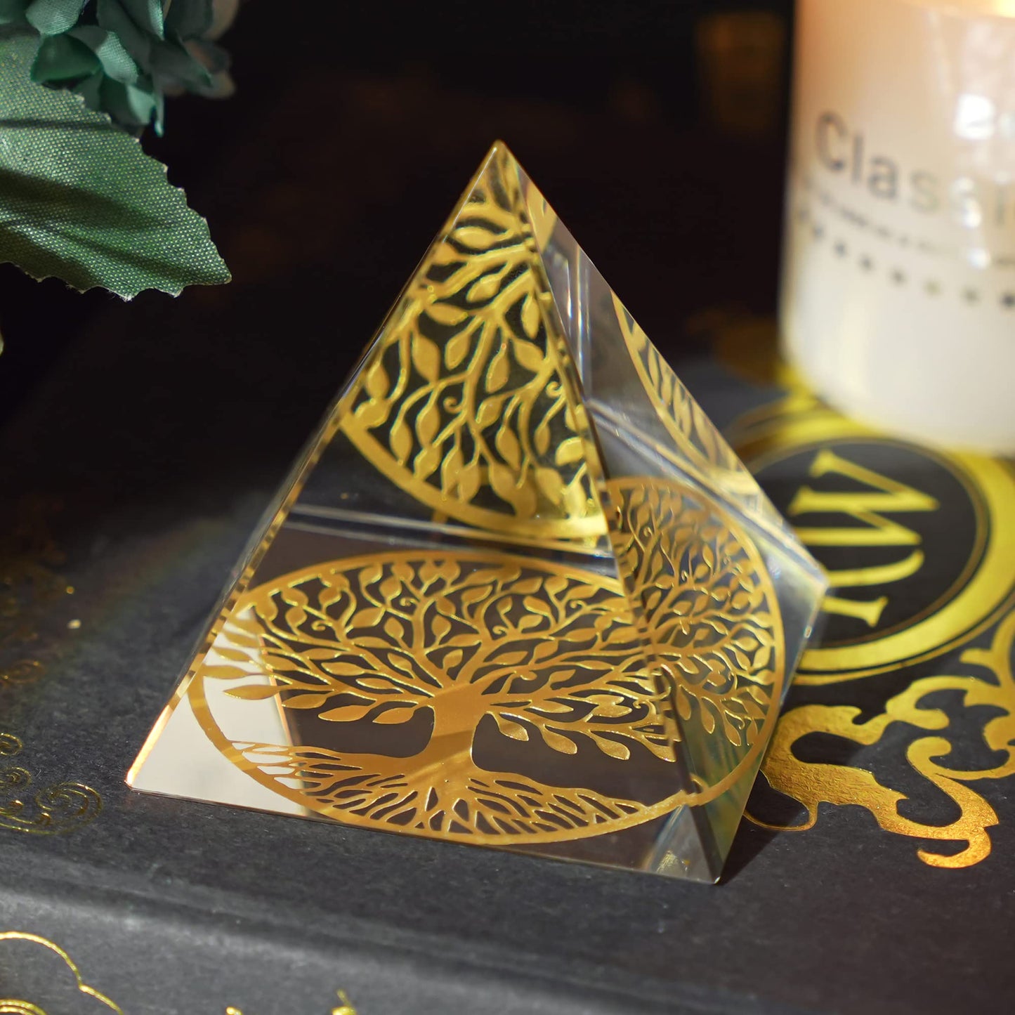 Tree of Life Crystal Pyramid Paperweight,60MM Clear Glass Pyramid Desk Ornament Feng Shui Crafts Meditation Crystal for Home Office Art Decor, Collectible Paperweight and Photography