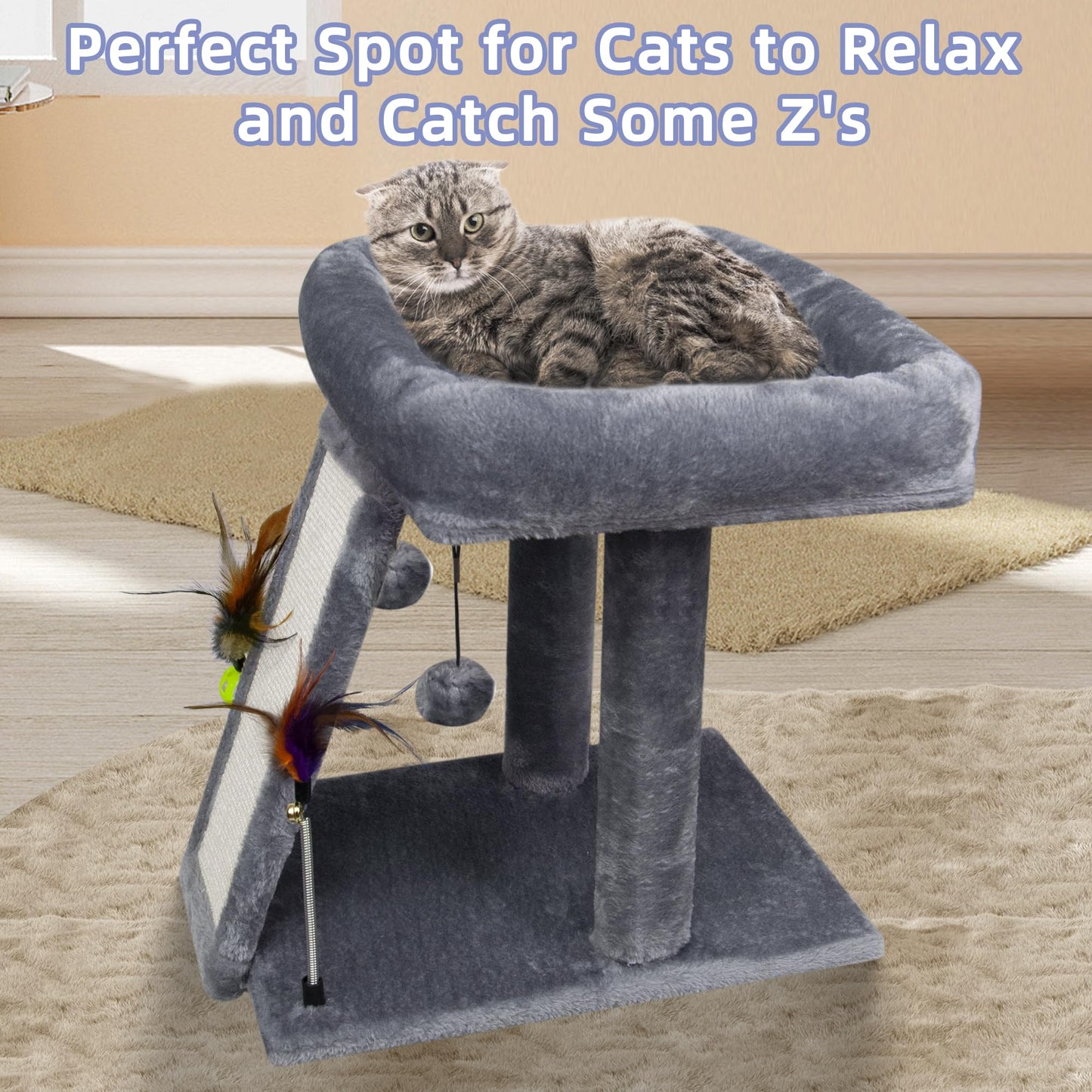 TWDEPART Cat Tree Tower with Cat Scratching Post for Indoor Cats, Activity Centre Climbing Tree with Scratching Board and Playful Toy Balls, Grey