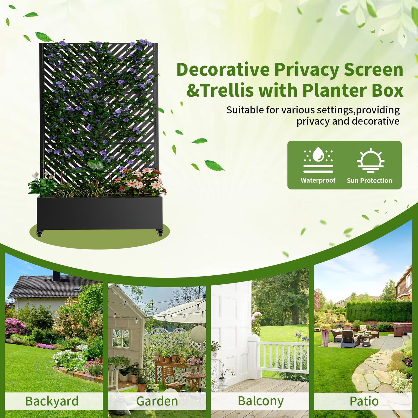 Metal Planter Box with Trellis and Wheels, 73"x47"x16" Galvanized Steel Raised Garden Bed with Drainage Holes, Outdoor Planter with Privacy Screen Function for Climbing Plants and Vines, Black