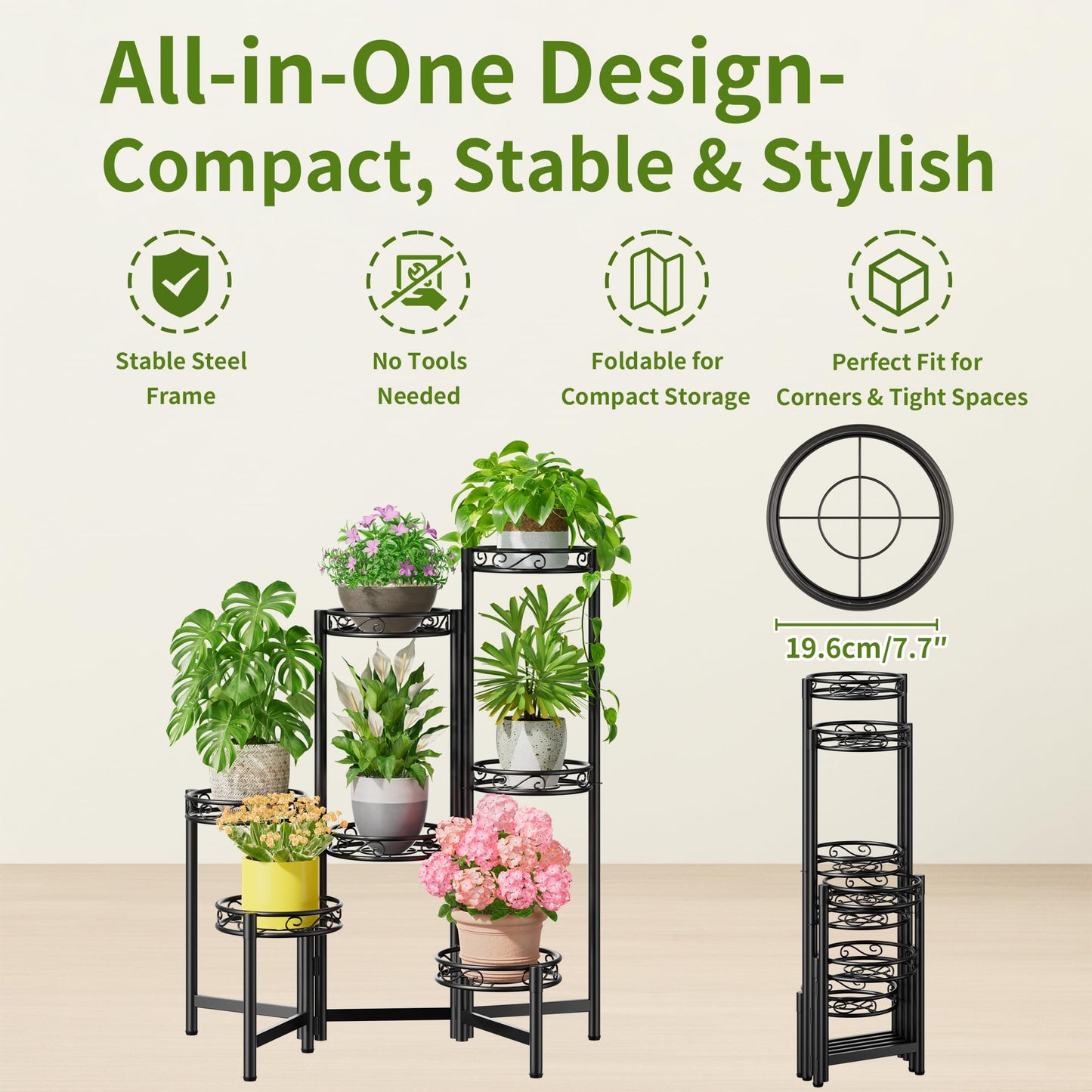 NQW Metal Plant Stand Indoor Outdoor 7 Tier Multiple Flower Pot Holder Shelf Planter Display Shelving Unit for Patio Garden Corner Balcony Living Room Black Circle