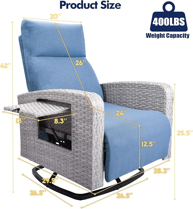 Outdoor Recliner Chair, Wicker Patio Recliners with Adjustable Backrest and Extended Foot Rest, Reclining Patio Chairs with Flip Table & Removable Cushion Cover for Porch