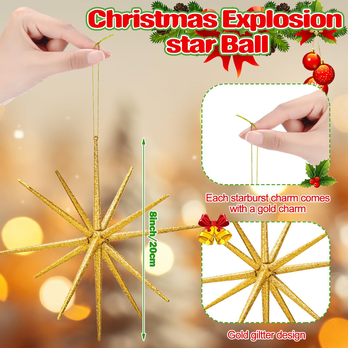 Syhood 12 Pcs Glitter Starburst Christmas Ornament 8 Inch Diameter Star Hanging Tree Ornaments Holiday Tabletop Decorations Christmas Party Decor Xmas Gifts(Gold)
