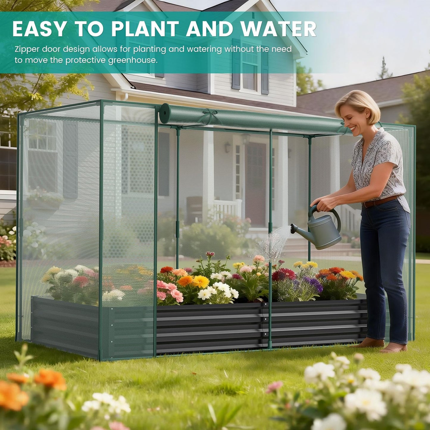 SUNYRISY Galvanized Raised Garden Bed with Protection Netting, Outdoor Metal Planter Box with Plant Crop Cage, Garden Box Protection for Gardening Vegetables Flowers Herbs Planting, Black
