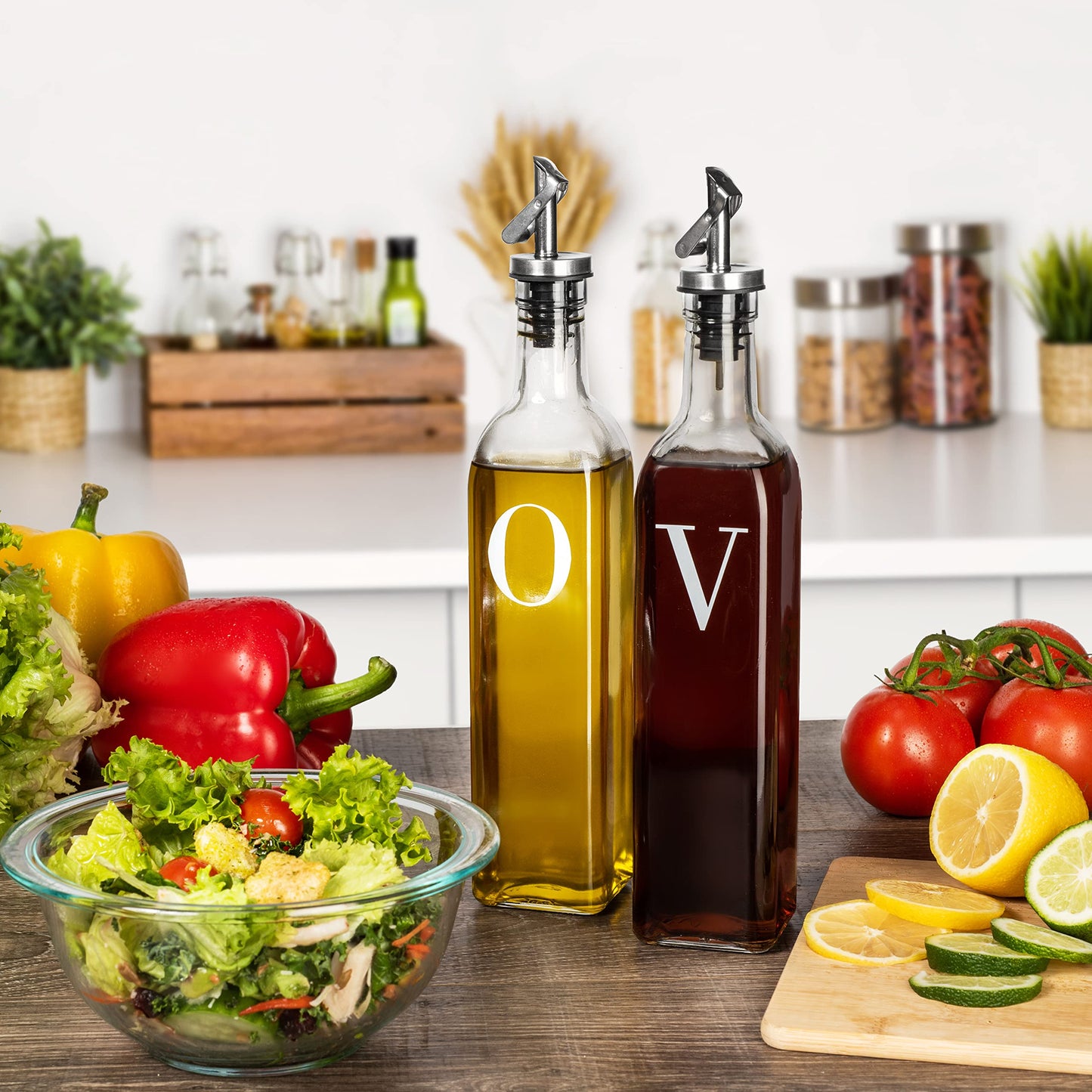 GREENOLIVE Olive Oil and Vinegar Dispenser Set - 17 oz. Glass Bottles with No-Drip BPA-Free Spouts - Stylish O and V Identifiers for Kitchen and Dining Use - Set of 2