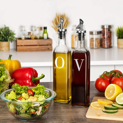 GREENOLIVE Olive Oil and Vinegar Dispenser Set - 17 oz. Glass Bottles with No-Drip BPA-Free Spouts - Stylish O and V Identifiers for Kitchen and Dining Use - Set of 2