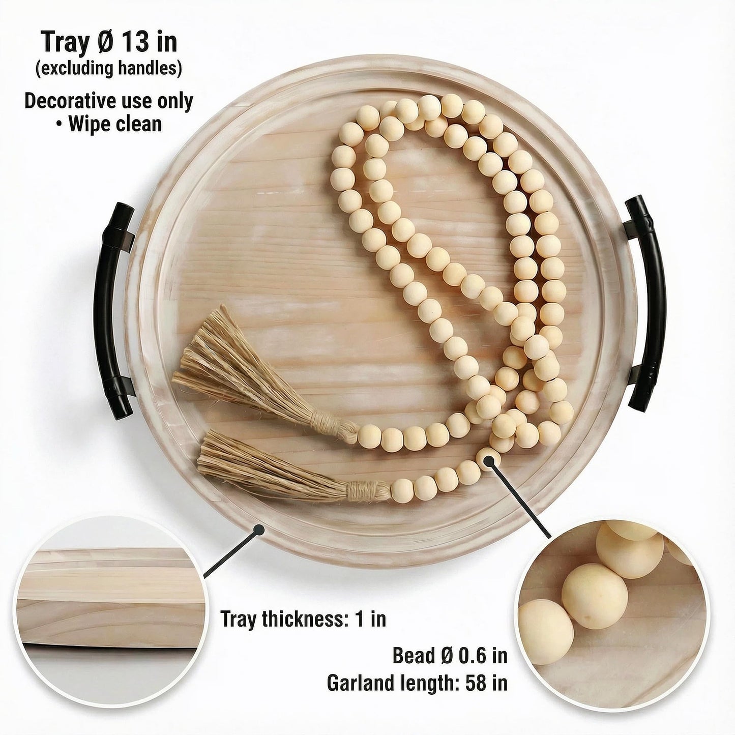 13" Round Decorative Wood Tray with Handles, Whitewashed Farmhouse Coffee Table Decor for Living Room, Entryway & Kitchen Island, Includes Bead Garland, Giftable Home Decor