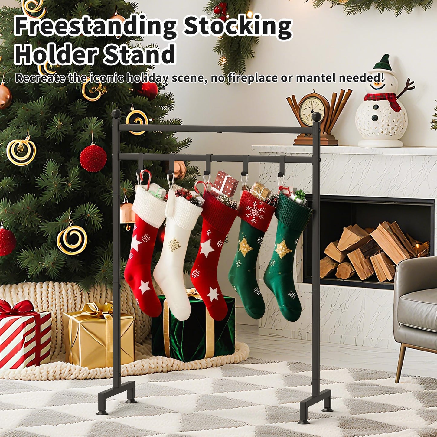 GloTika Christmas Stocking Holder Stand with 6 Hook, Heavy Duty Freestanding Christmas Stocking Hanger, Metal Holiday Decor Hanger Display for Home, Floor, Living Room