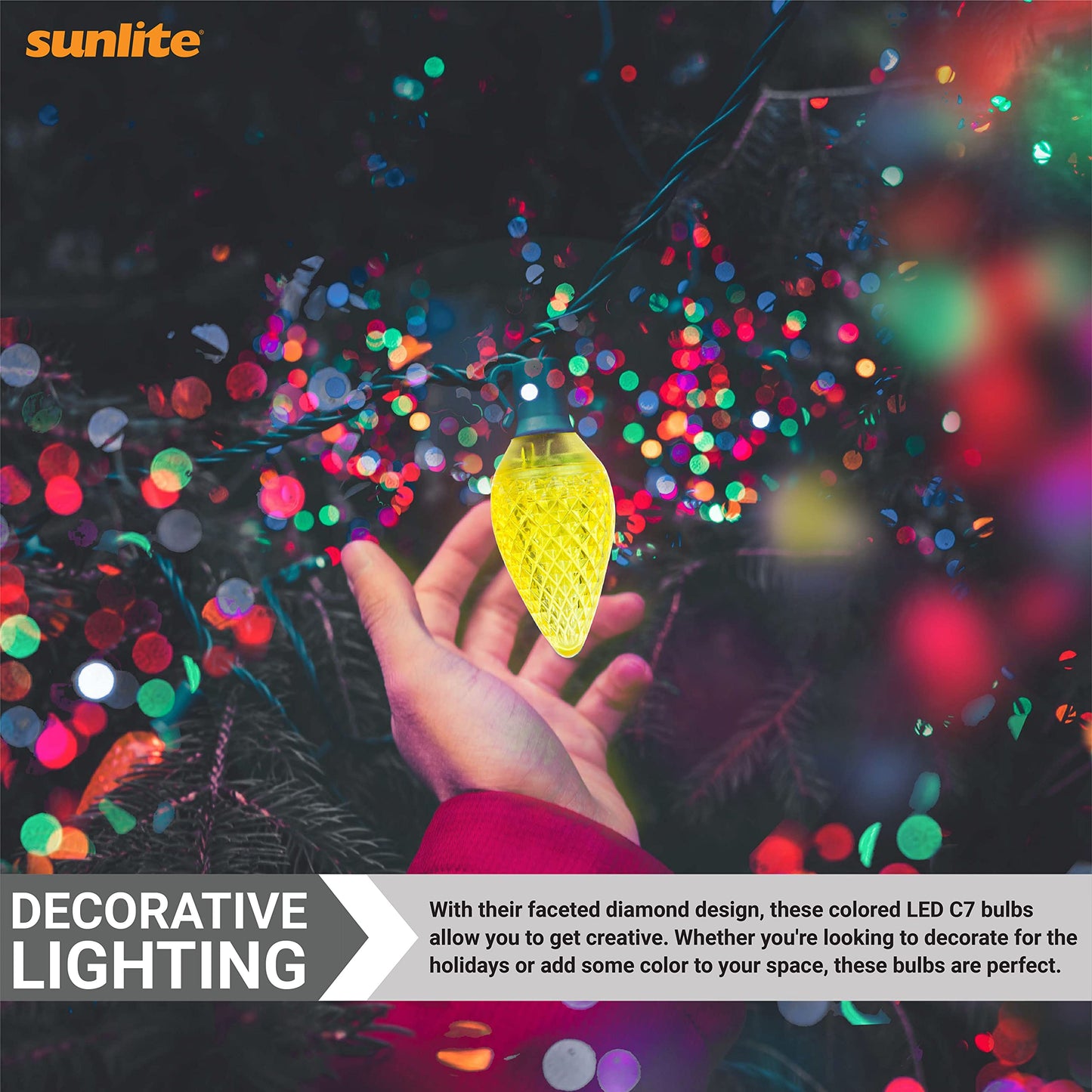 Sunlite 40462 LED C7 Holiday Decorative Light Bulb, 0.4 Watts, E12 Candelabra Base, Faceted Christmas-Lights; Nightlight, Yellow