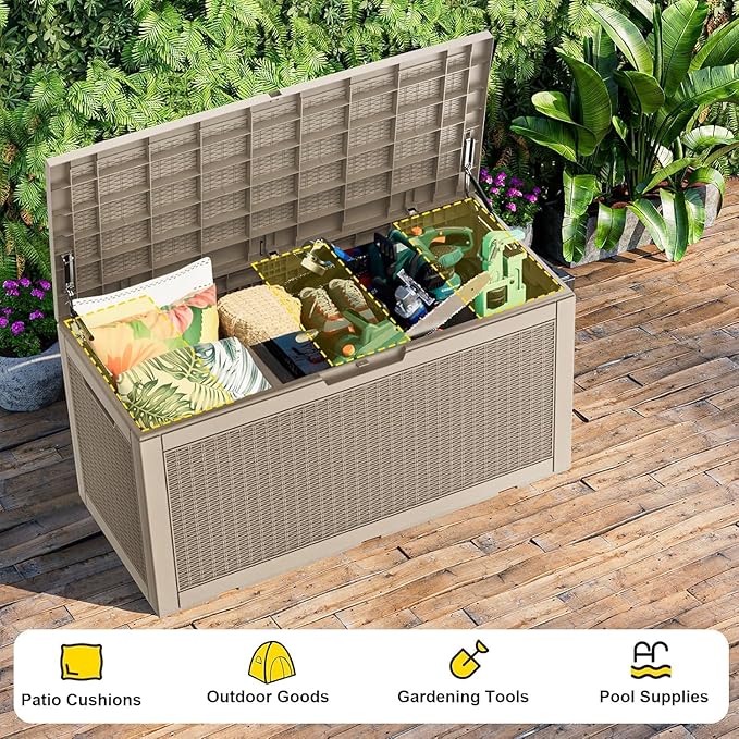 DRATO 320 Gallon Deck Box, Outdoor Large Waterproof Resin Storage Box with Lockable Lid for Patio Cushions, Gardening Tools（Gray，320 Gallon）