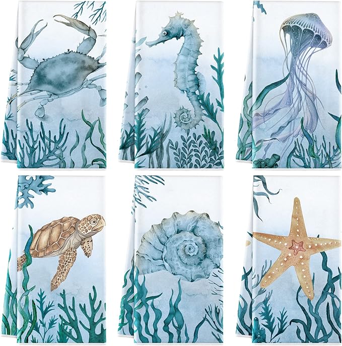 Boyiee Set of 6 Beach Kitchen Towels Sea Ocean Animal Nautical Tea Towels 24 x