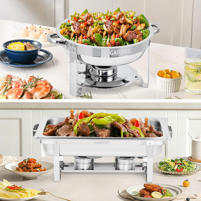 Garvee 4 Pack Chafing Dish Buffet Set, 8 Qt Rectangle & 5 Qt Round Stainless Steel Chafers and Food Warmer Sets with Lid, Food & Water Pan and Fuel Holder for Events, Parties & Holiday Catering