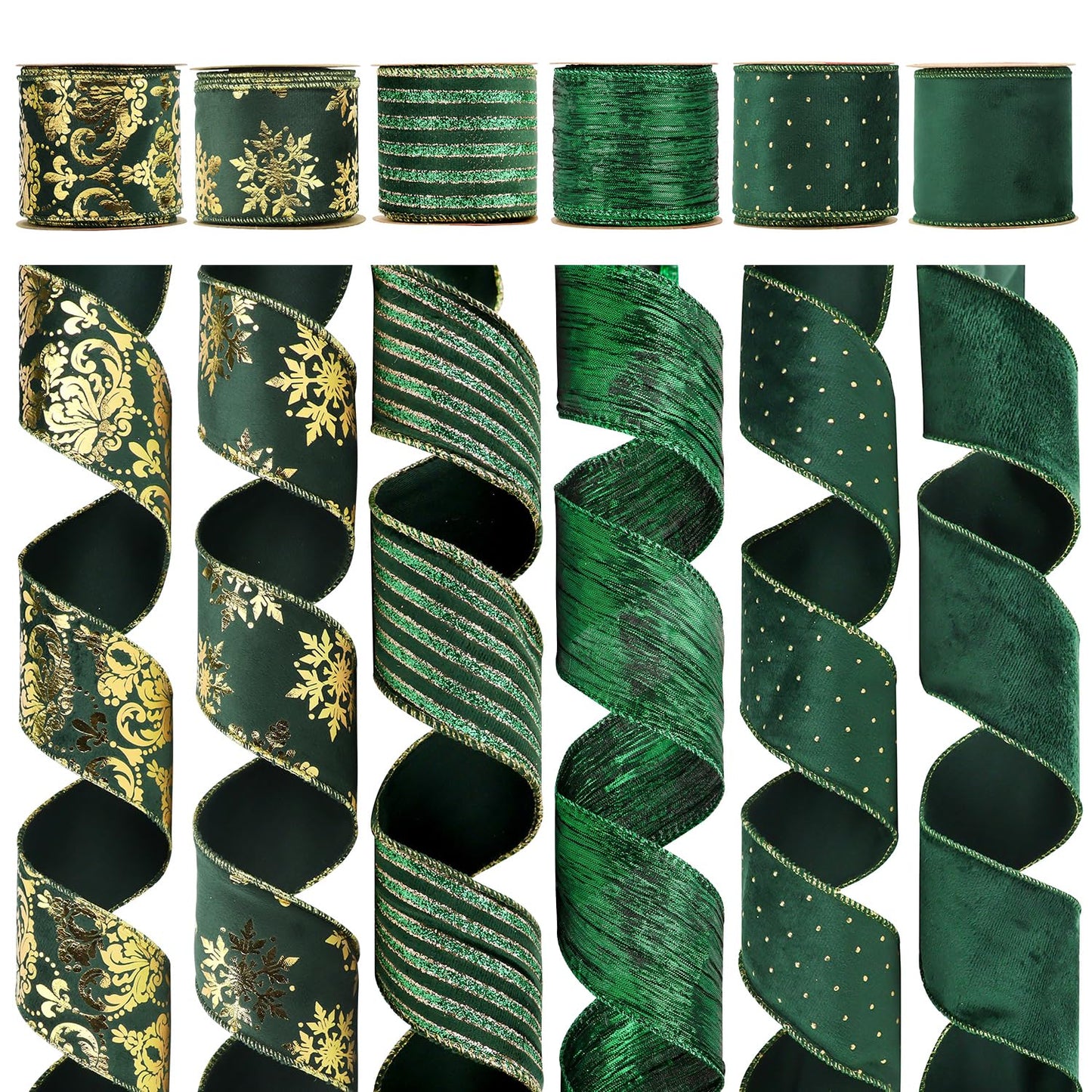 HUIHUANG Christmas Ribbon Wired Green Velvet Christmas Tree Ribbon Green and Gold Wired Ribbons for X-mas Tree, Wreath, Garland, Bows, Home Decor (2-1/2" X 6 Rolls, 36 Yds Total)