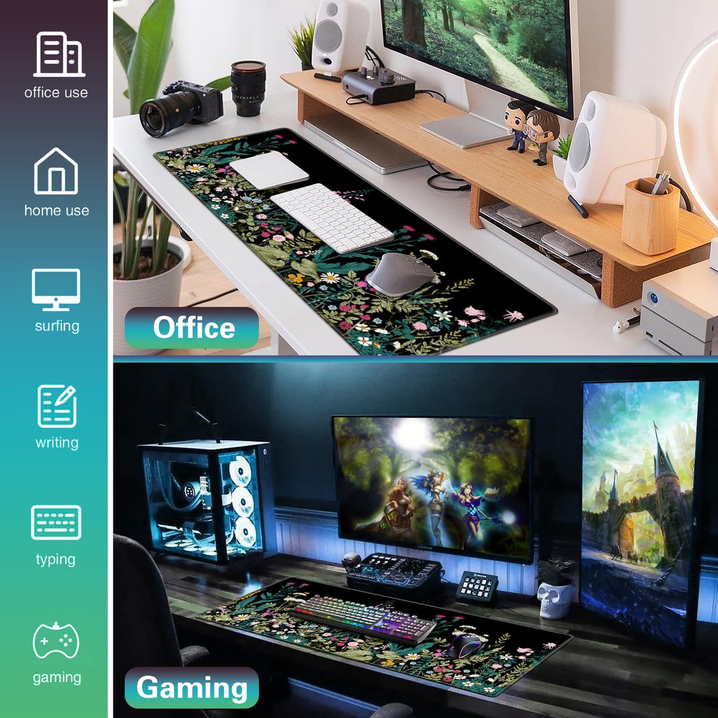 Acezeek Large Mouse Mat,Gaming Mouse Pad,900X400mm(35.4X15.7in) XXL Mousepad,Desk Protector Mat with Anti-Slip Base,Waterproof&Durable Mousemat for Gaming,Office,Home(Flowers & Plants)